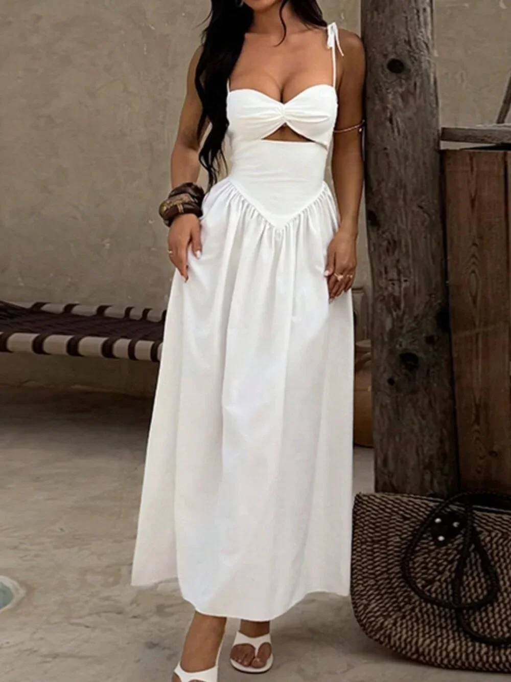 White Elegant Women's Strapless Waist Puff Sleeve Dress